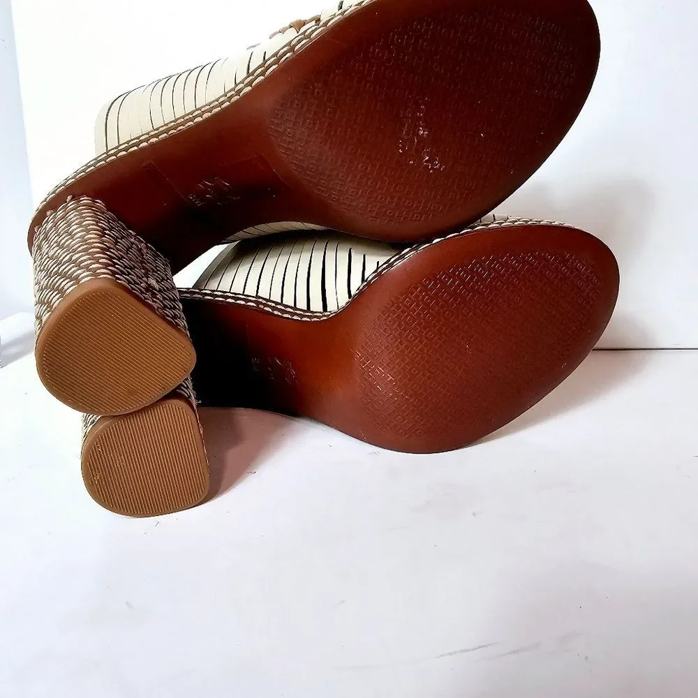 Tory Burch Pecha Woven Leather Stitched Block Heel Mules 8 LIKE NEW!
